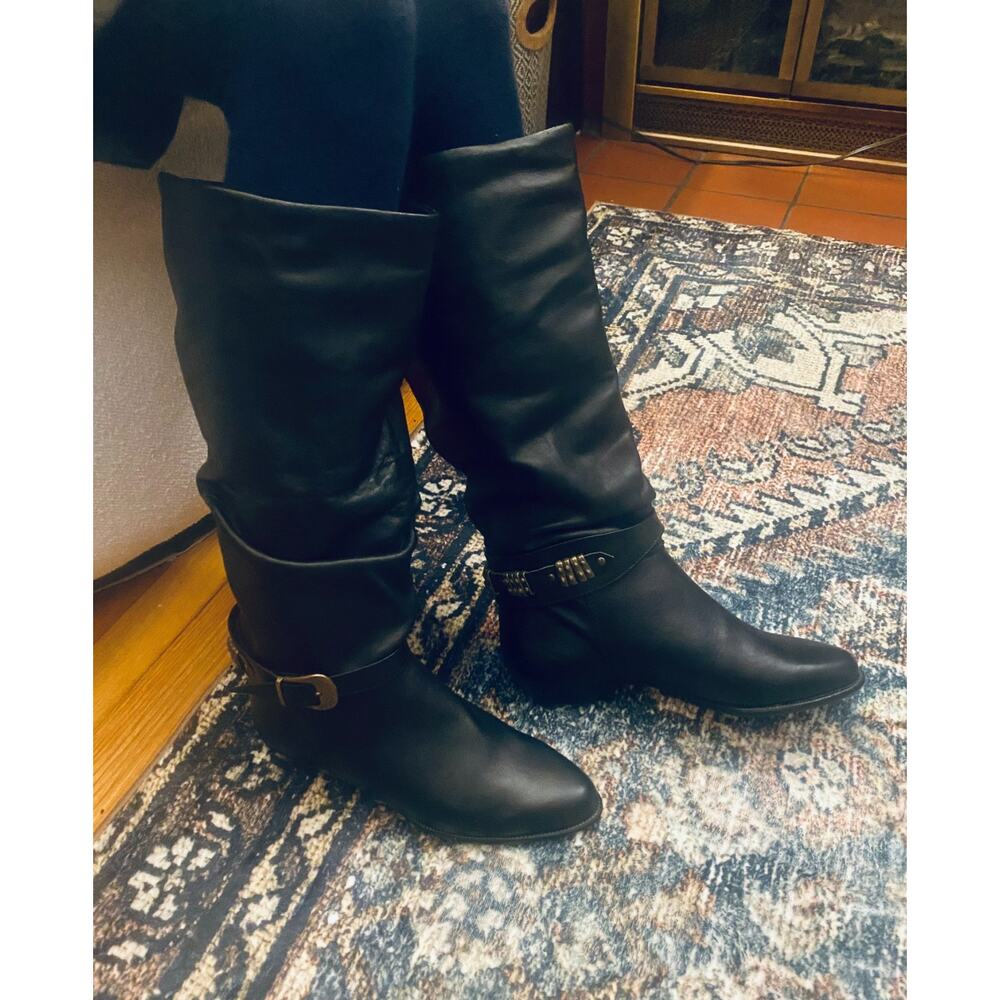Black Italian Leather Boots Moto/Boho with Brass Buckle (Women’s US 5.5/6)